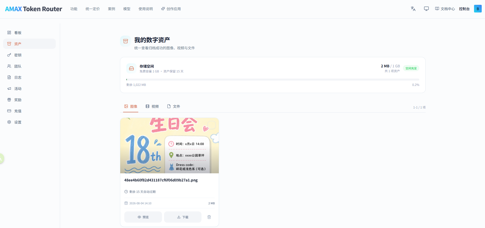 数字资产页面，顶部为存储空间卡片，下方按图像/视频/文件分类展示资产