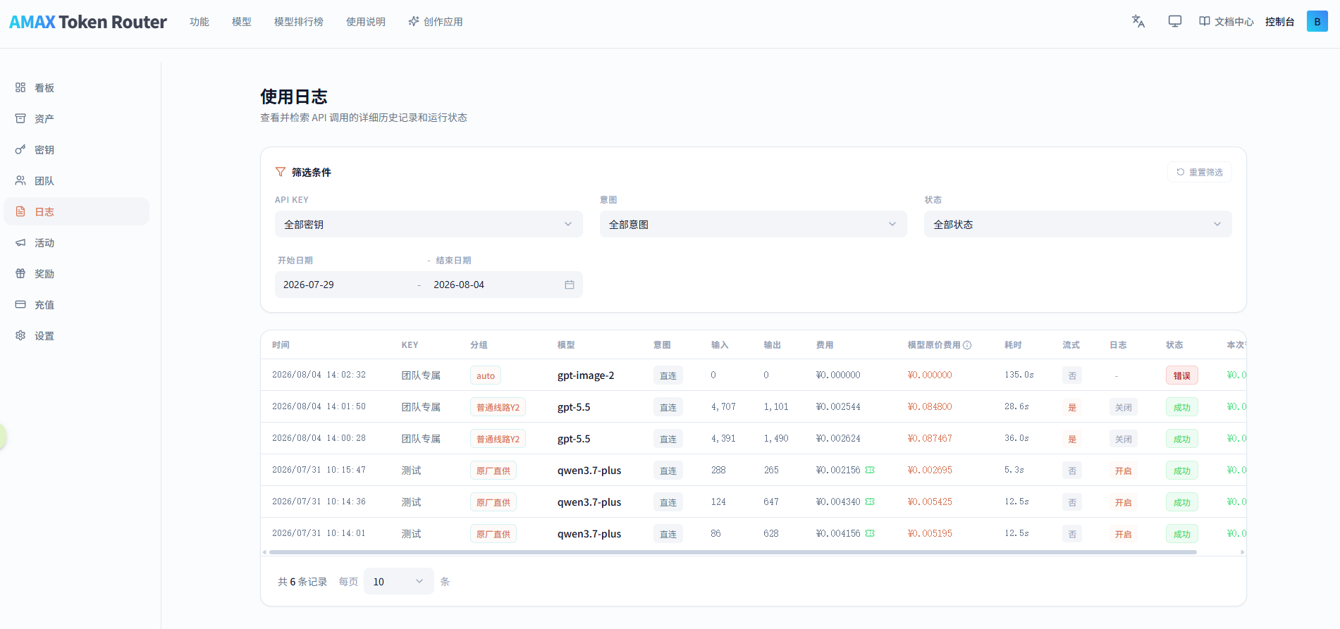 调用日志列表，含时间、模型、用量与费用列