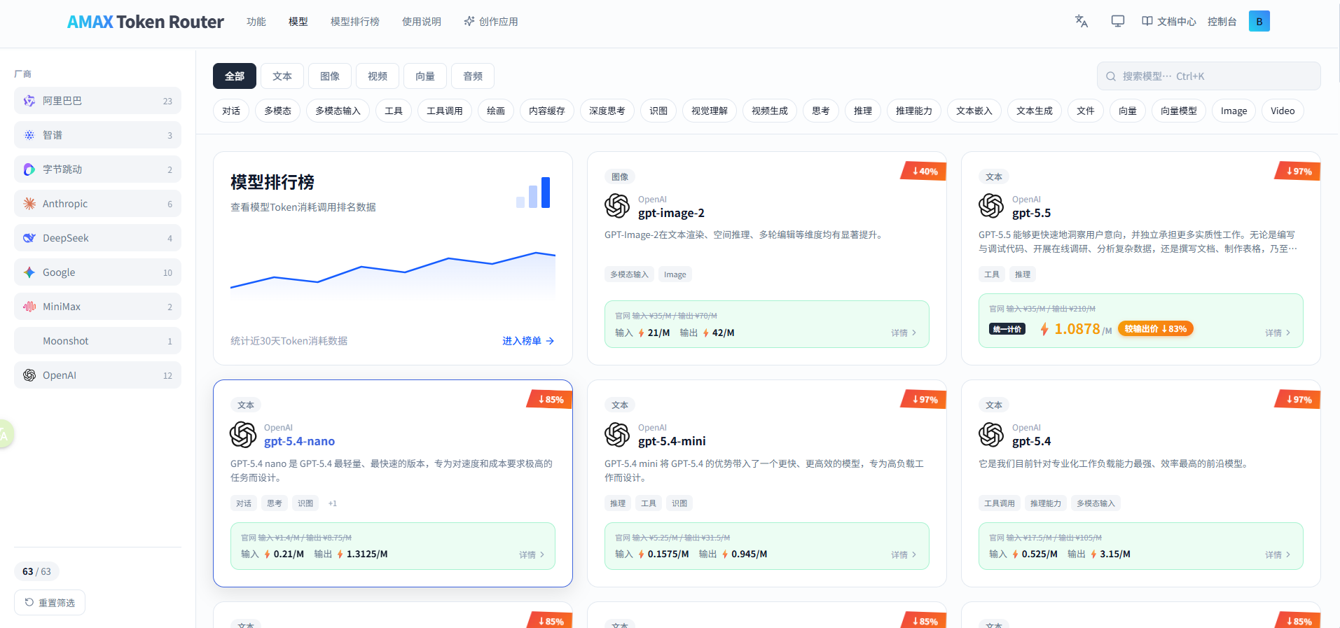 模型广场，左侧为厂商列表，顶部为类型与能力标签筛选，主区为模型卡片